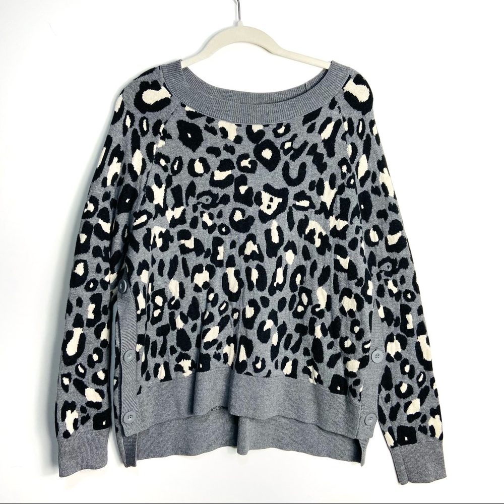 Stella & Dot Leopard Print Side Button Sweater Women XL Grey Merino Wool Blend
